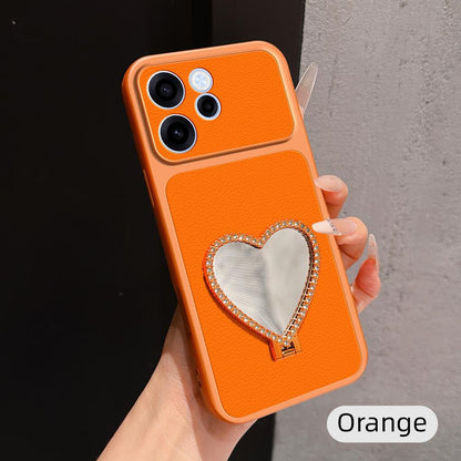 For OPPO Reno15 F 5G Lambskin Series Skin Feel Shockproof Phone Case with Heart Mirror Holder(Orange)
