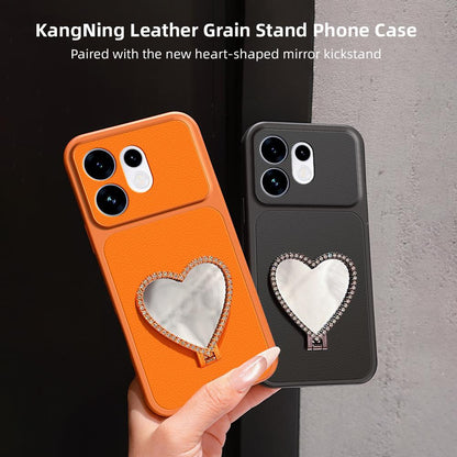 For OPPO Reno16 5G Global Lambskin Series Skin Feel Shockproof Phone Case with Heart Mirror Holder(Pink)