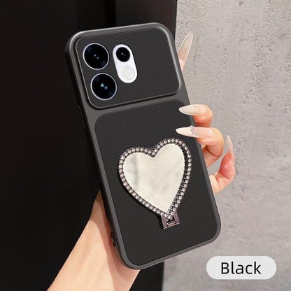 For OPPO Reno16 5G Global Lambskin Series Skin Feel Shockproof Phone Case with Heart Mirror Holder(Black)