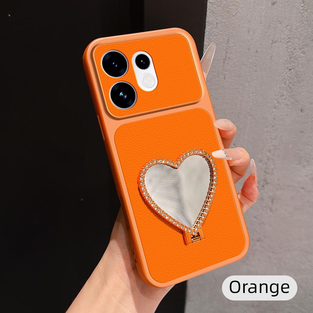 For OPPO Reno16 5G Global Lambskin Series Skin Feel Shockproof Phone Case with Heart Mirror Holder(Orange)