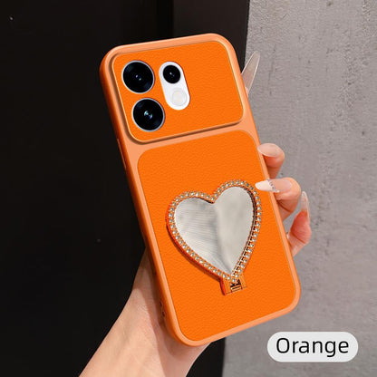 For OPPO Reno16 5G Global Lambskin Series Skin Feel Shockproof Phone Case with Heart Mirror Holder(Orange)