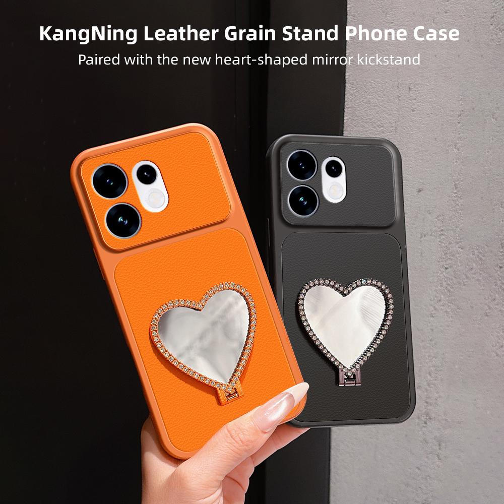 For OPPO Reno16 5G Global Lambskin Series Skin Feel Shockproof Phone Case with Heart Mirror Holder(Orange)