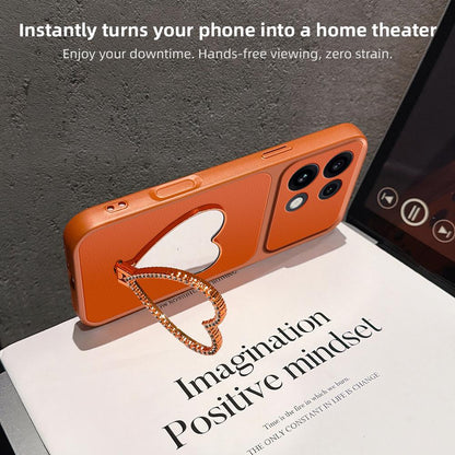 For OPPO Reno16 Pro 5G Global Lambskin Series Skin Feel Shockproof Phone Case with Heart Mirror Holder(Purple)