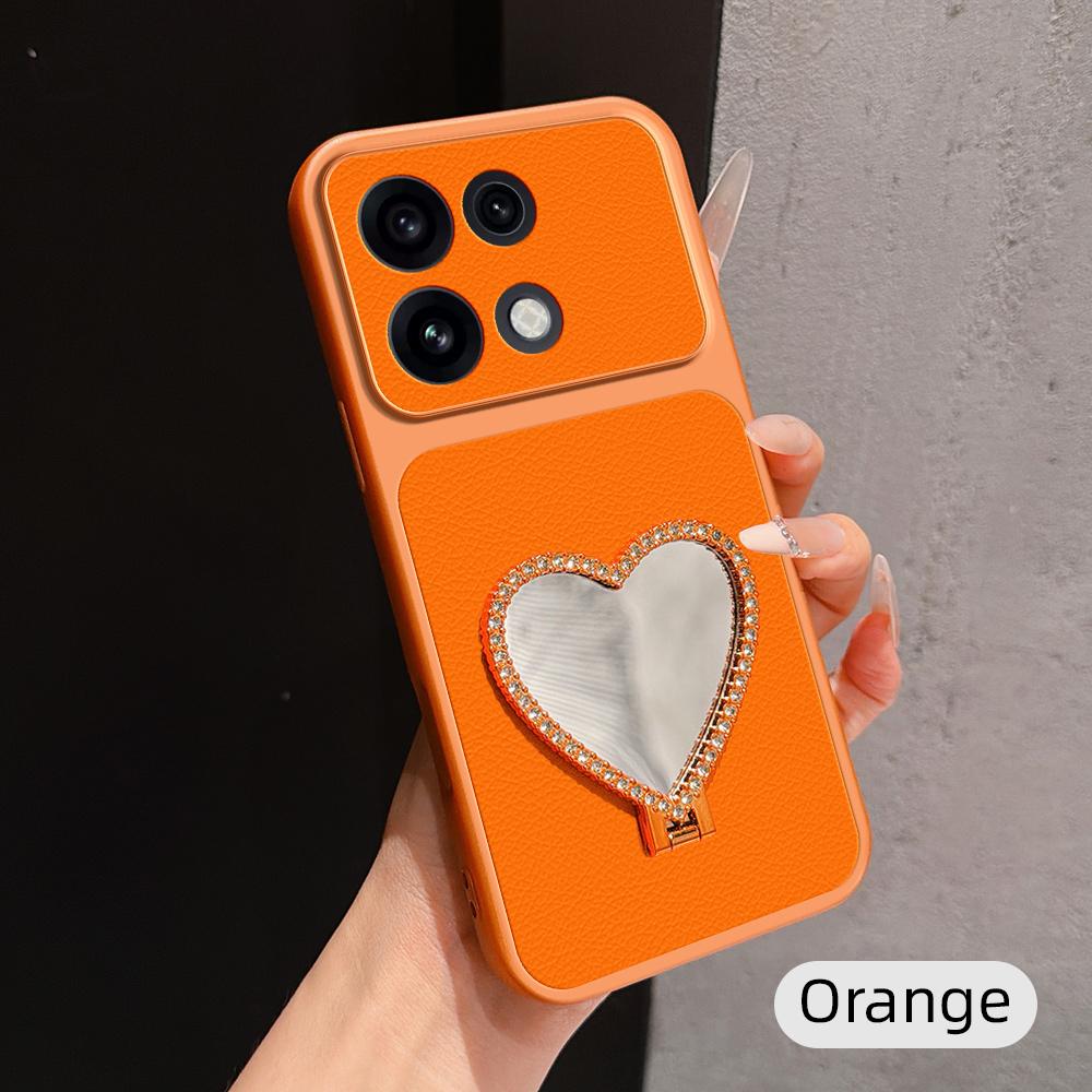 For OPPO Reno16 Pro 5G Global Lambskin Series Skin Feel Shockproof Phone Case with Heart Mirror Holder(Orange)