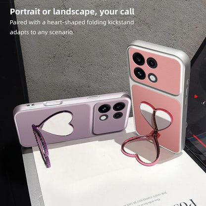 For OPPO Reno16 Pro 5G Global Lambskin Series Skin Feel Shockproof Phone Case with Heart Mirror Holder(Orange)
