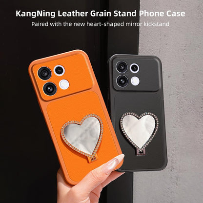 For OPPO Reno16 F 5G Lambskin Series Skin Feel Shockproof Phone Case with Heart Mirror Holder(Black)