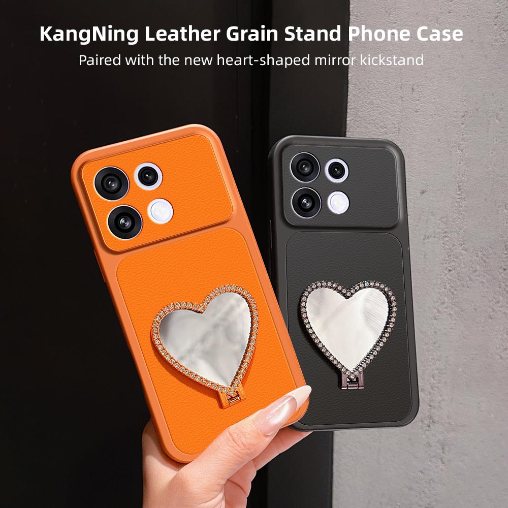 For OPPO Reno16 F 5G Lambskin Series Skin Feel Shockproof Phone Case with Heart Mirror Holder(Silver)