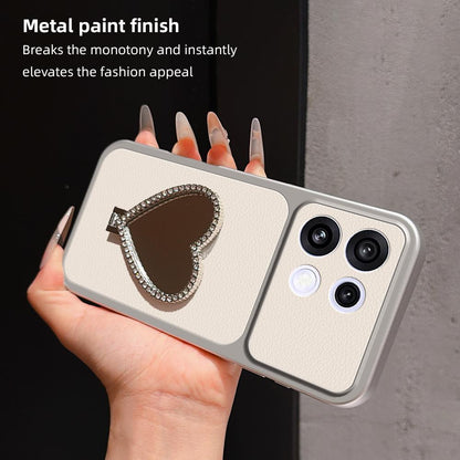 For OPPO Reno16 F 5G Lambskin Series Skin Feel Shockproof Phone Case with Heart Mirror Holder(Silver)
