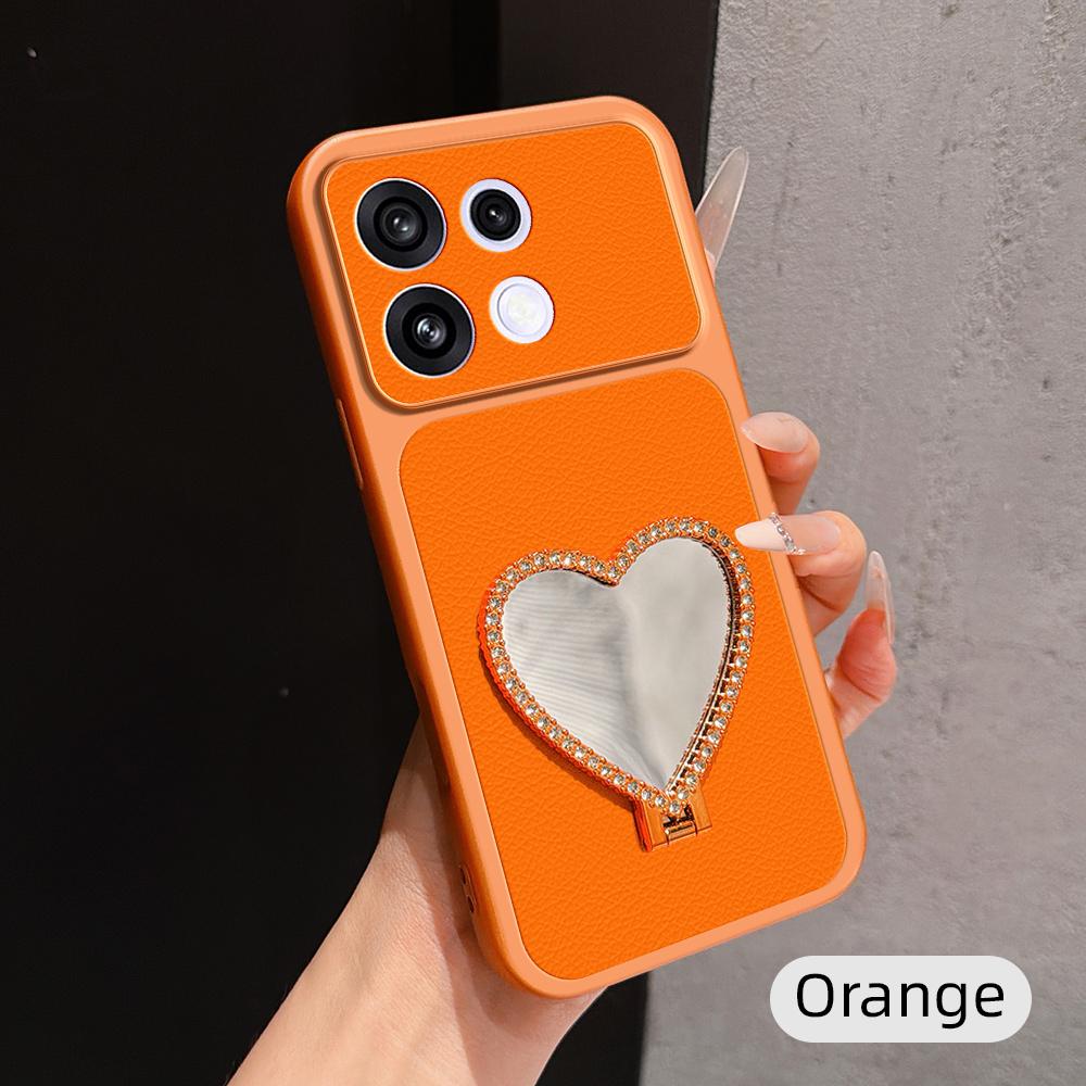 For OPPO Reno16 F 5G Lambskin Series Skin Feel Shockproof Phone Case with Heart Mirror Holder(Orange)