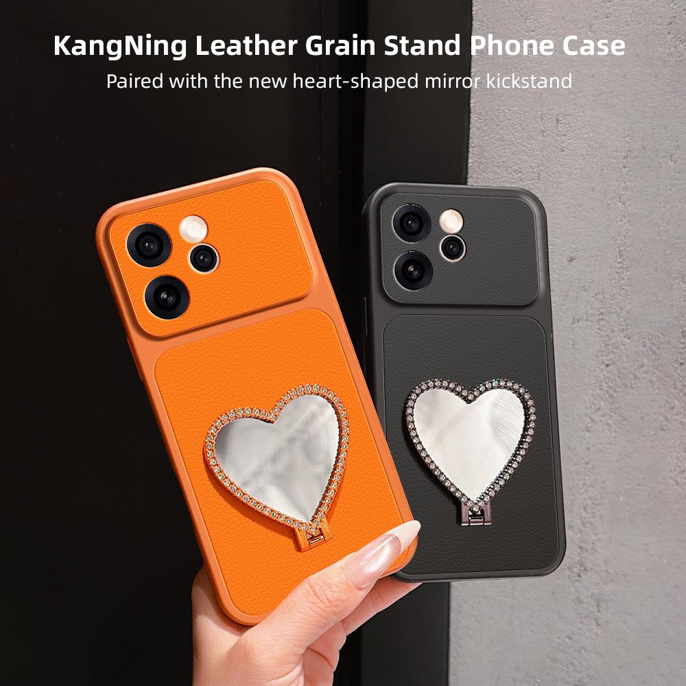For OPPO Reno15 Pro Max 5G Global Lambskin Series Skin Feel Shockproof Phone Case with Heart Mirror Holder(Black)