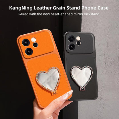 For OPPO Reno15 Pro Max 5G Global Lambskin Series Skin Feel Shockproof Phone Case with Heart Mirror Holder(Black)