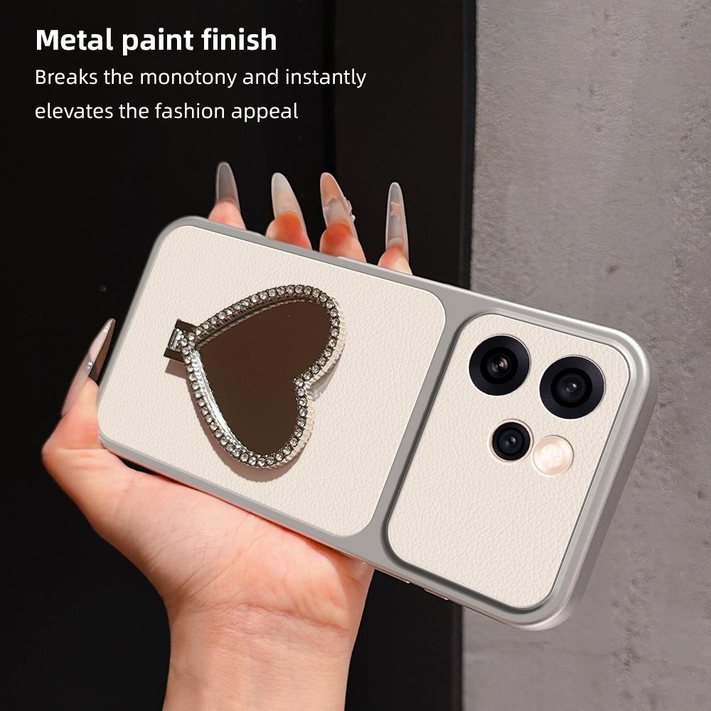 For OPPO Reno15 Pro Max 5G Global Lambskin Series Skin Feel Shockproof Phone Case with Heart Mirror Holder(Orange)