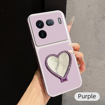 For vivo iQOO 12 Lambskin Series Skin Feel Shockproof Phone Case with Heart Mirror Holder(Purple)
