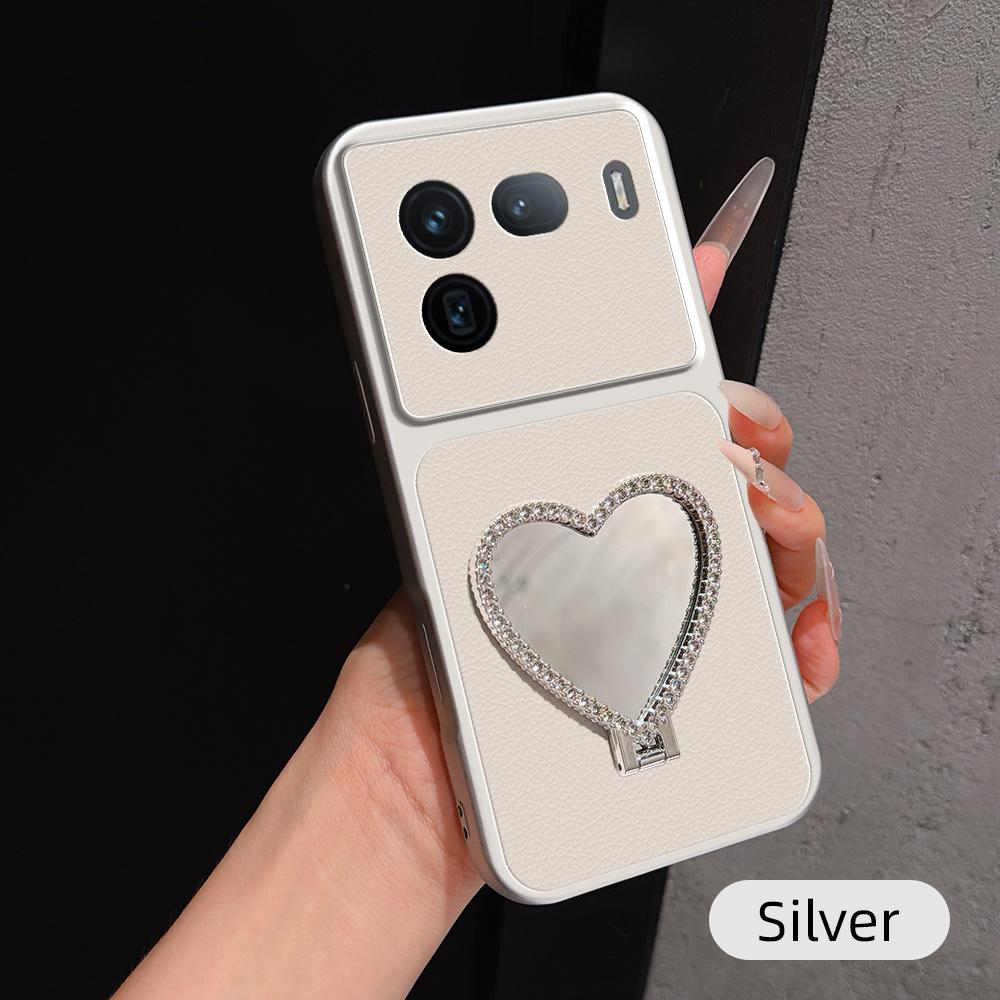 For vivo iQOO 12 Lambskin Series Skin Feel Shockproof Phone Case with Heart Mirror Holder(Silver)