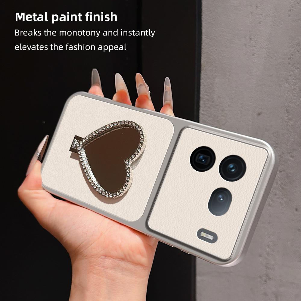 For vivo iQOO 12 Lambskin Series Skin Feel Shockproof Phone Case with Heart Mirror Holder(Orange)