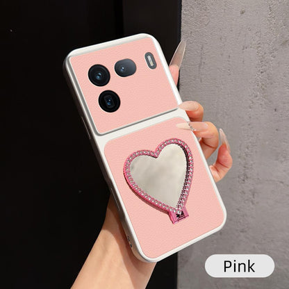 For vivo iQOO 12 Pro Lambskin Series Skin Feel Shockproof Phone Case with Heart Mirror Holder(Pink)