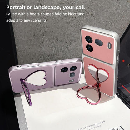 For vivo iQOO 12 Pro Lambskin Series Skin Feel Shockproof Phone Case with Heart Mirror Holder(Purple)