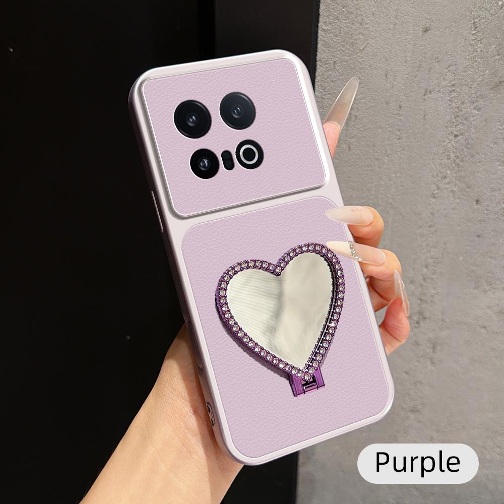 For vivo iQOO 13 Lambskin Series Skin Feel Shockproof Phone Case with Heart Mirror Holder(Purple)