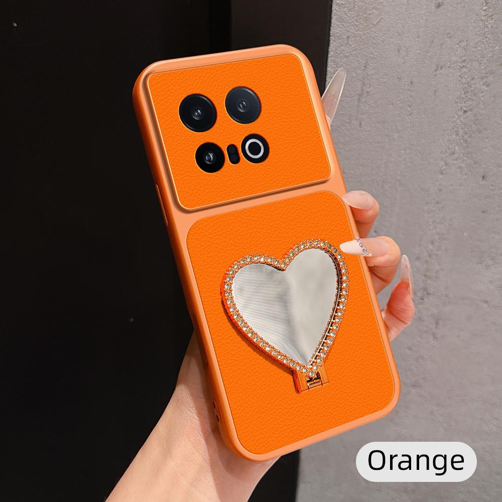 For vivo iQOO 13 Lambskin Series Skin Feel Shockproof Phone Case with Heart Mirror Holder(Orange)