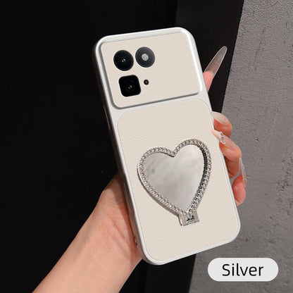 For vivo iQOO 15T 5G Lambskin Series Skin Feel Shockproof Phone Case with Heart Mirror Holder(Silver)
