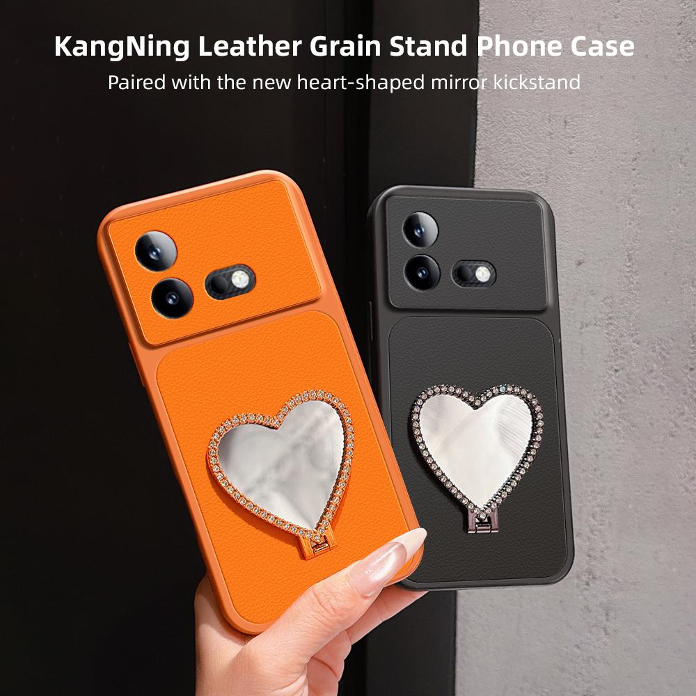 For vivo  iQOO Neo8 Lambskin Series Skin Feel Shockproof Phone Case with Heart Mirror Holder(Orange)