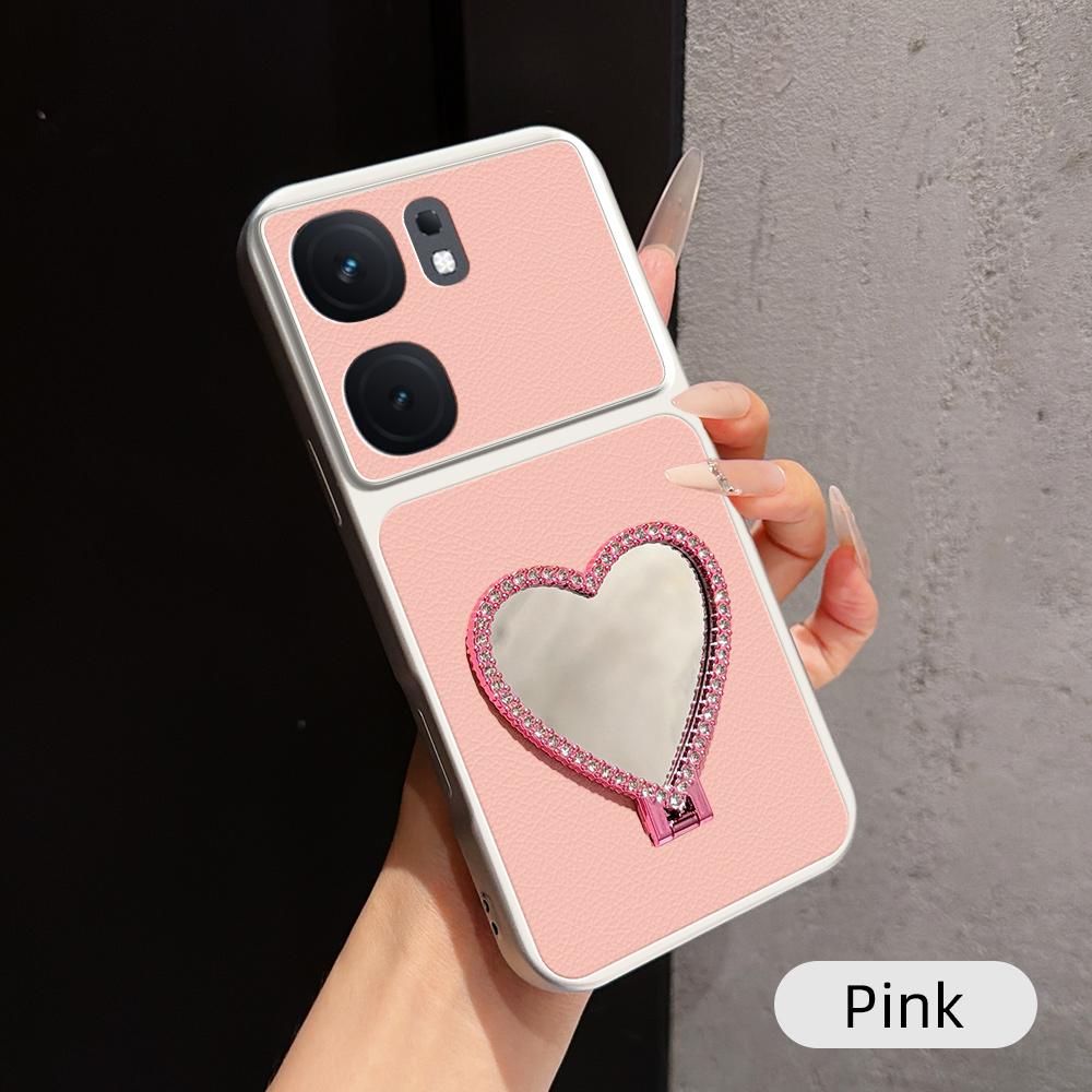 For vivo iQOO Neo9 Lambskin Series Skin Feel Shockproof Phone Case with Heart Mirror Holder(Pink)
