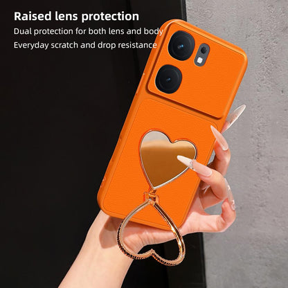 For vivo iQOO Neo9 Lambskin Series Skin Feel Shockproof Phone Case with Heart Mirror Holder(Black)