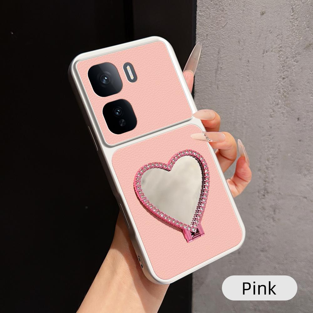For vivo iQOO Neo 10 5G Lambskin Series Skin Feel Shockproof Phone Case with Heart Mirror Holder(Pink)