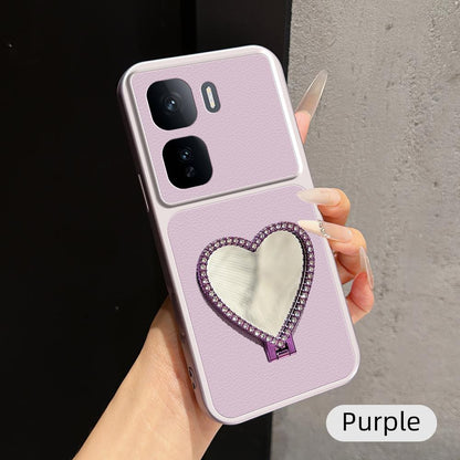 For vivo iQOO Neo 10 5G Lambskin Series Skin Feel Shockproof Phone Case with Heart Mirror Holder(Purple)