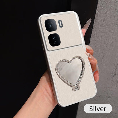 For vivo iQOO Neo 10 5G Lambskin Series Skin Feel Shockproof Phone Case with Heart Mirror Holder(Silver)