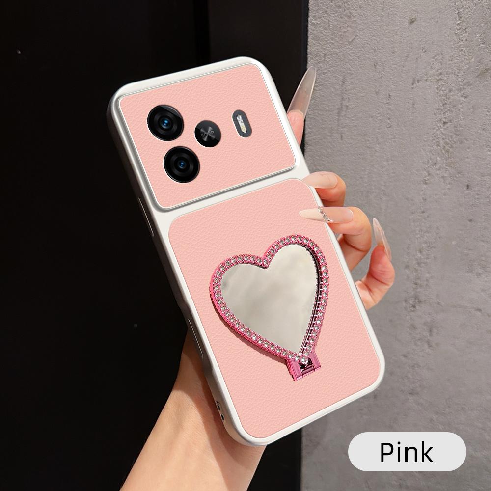 For vivo iQOO Z9 Lambskin Series Skin Feel Shockproof Phone Case with Heart Mirror Holder(Pink)