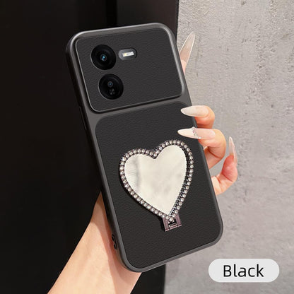 For vivo iQOO Z9x Lambskin Series Skin Feel Shockproof Phone Case with Heart Mirror Holder(Black)