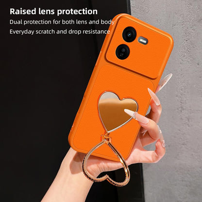 For vivo iQOO Z9x Lambskin Series Skin Feel Shockproof Phone Case with Heart Mirror Holder(Silver)