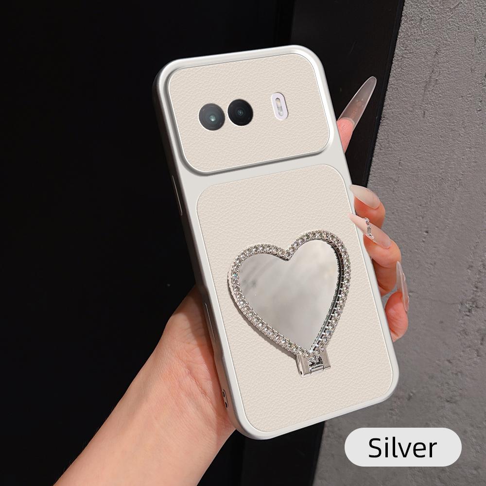 For vivo iQOO Z11 Turbo 5G Lambskin Series Skin Feel Shockproof Phone Case with Heart Mirror Holder(Silver)