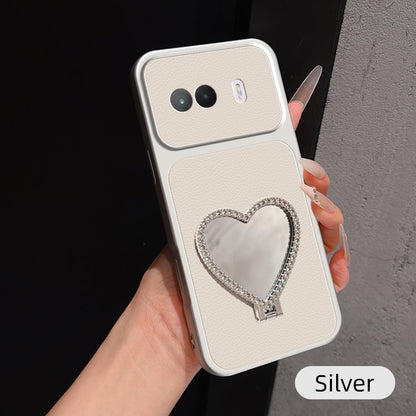 For vivo iQOO Z11 Turbo 5G Lambskin Series Skin Feel Shockproof Phone Case with Heart Mirror Holder(Silver)