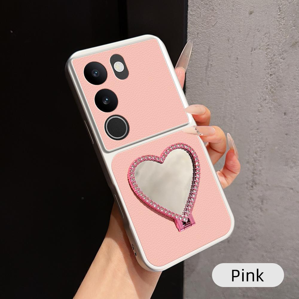 For vivo S17 Lambskin Series Skin Feel Shockproof Phone Case with Heart Mirror Holder(Pink)