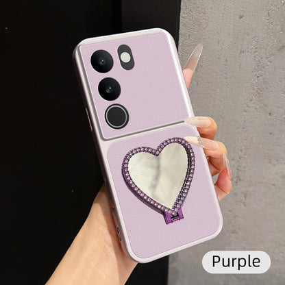 For vivo S17 Lambskin Series Skin Feel Shockproof Phone Case with Heart Mirror Holder(Purple)
