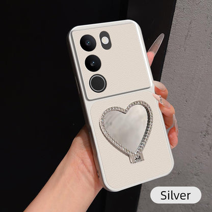 For vivo S17 Lambskin Series Skin Feel Shockproof Phone Case with Heart Mirror Holder(Silver)