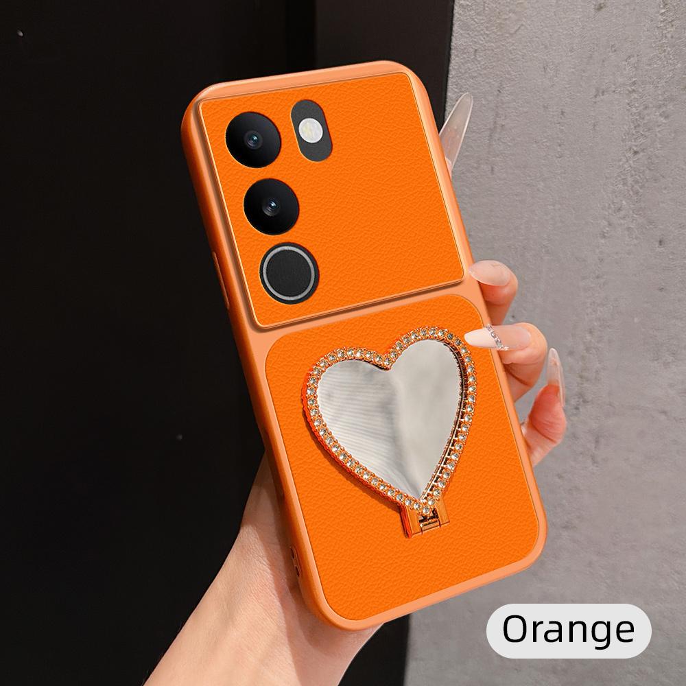 For vivo S17 Lambskin Series Skin Feel Shockproof Phone Case with Heart Mirror Holder(Orange)