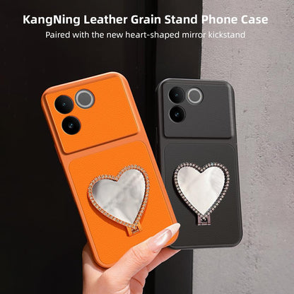 For vivo S17e Lambskin Series Skin Feel Shockproof Phone Case with Heart Mirror Holder(Pink)