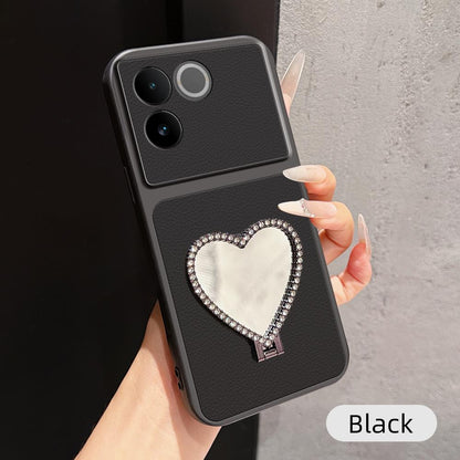 For vivo S17e Lambskin Series Skin Feel Shockproof Phone Case with Heart Mirror Holder(Black)