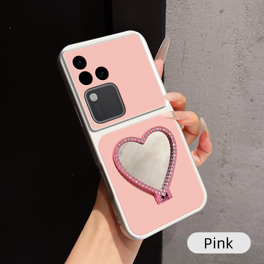For vivo S18 Lambskin Series Skin Feel Shockproof Phone Case with Heart Mirror Holder(Pink)