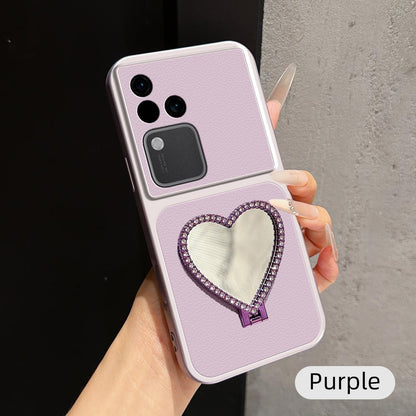 For vivo S18 Lambskin Series Skin Feel Shockproof Phone Case with Heart Mirror Holder(Purple)