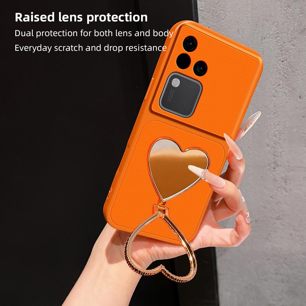 For vivo S18 Lambskin Series Skin Feel Shockproof Phone Case with Heart Mirror Holder(Purple)