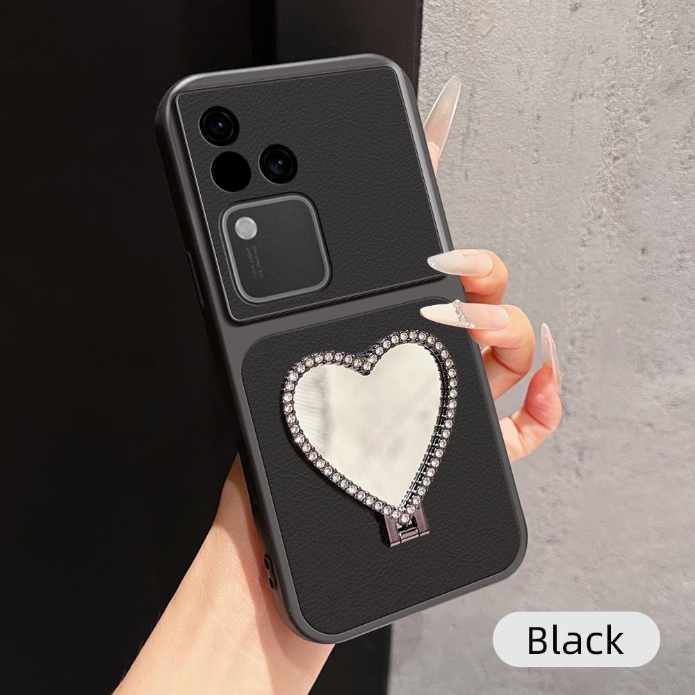 For vivo S18 Lambskin Series Skin Feel Shockproof Phone Case with Heart Mirror Holder(Black)