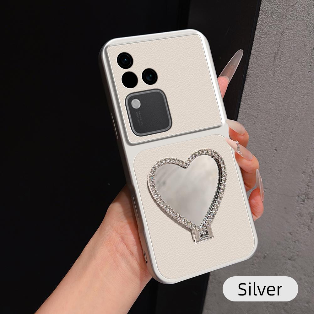 For vivo S18 Lambskin Series Skin Feel Shockproof Phone Case with Heart Mirror Holder(Silver)