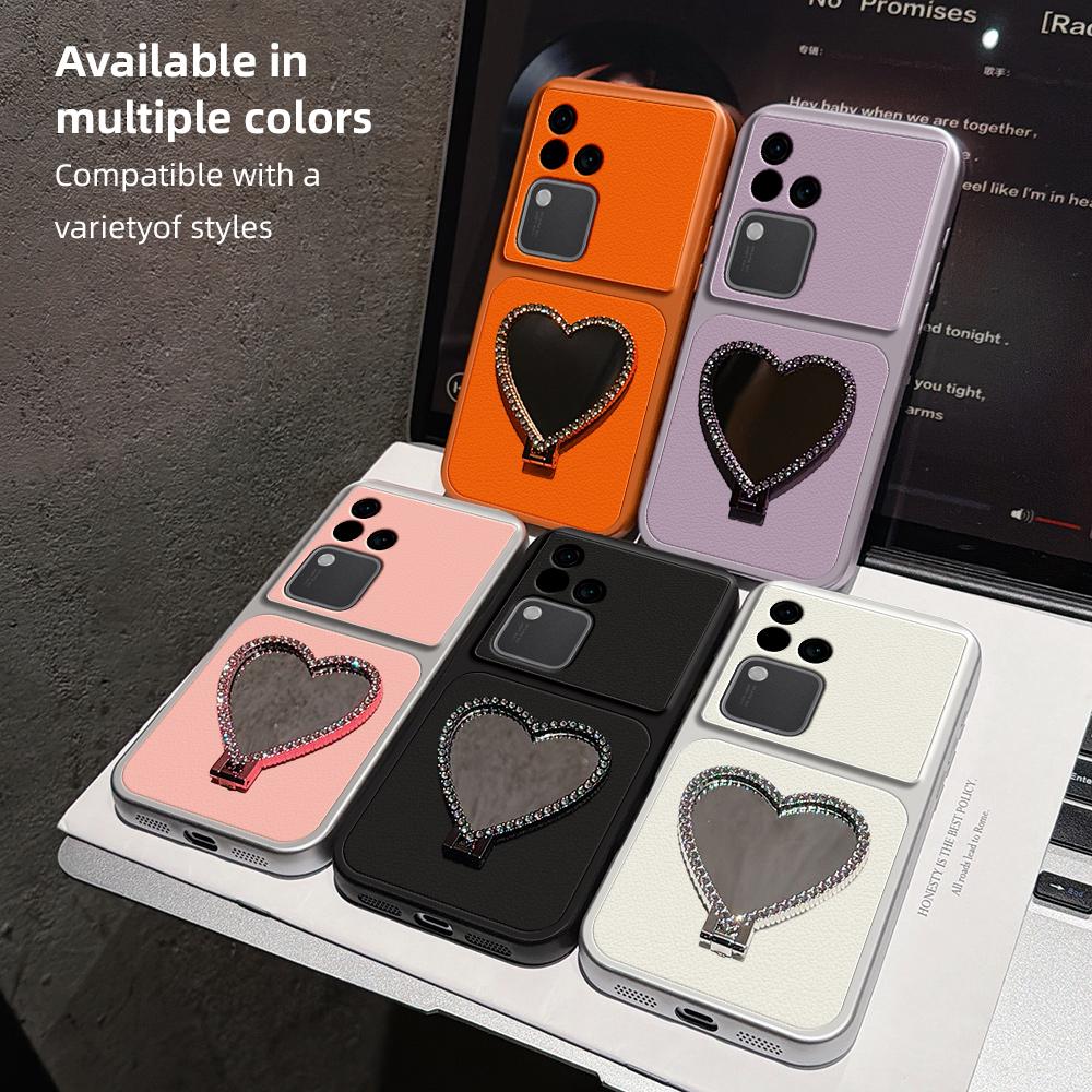 For vivo S18 Lambskin Series Skin Feel Shockproof Phone Case with Heart Mirror Holder(Silver)