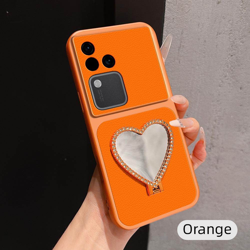 For vivo S18 Lambskin Series Skin Feel Shockproof Phone Case with Heart Mirror Holder(Orange)