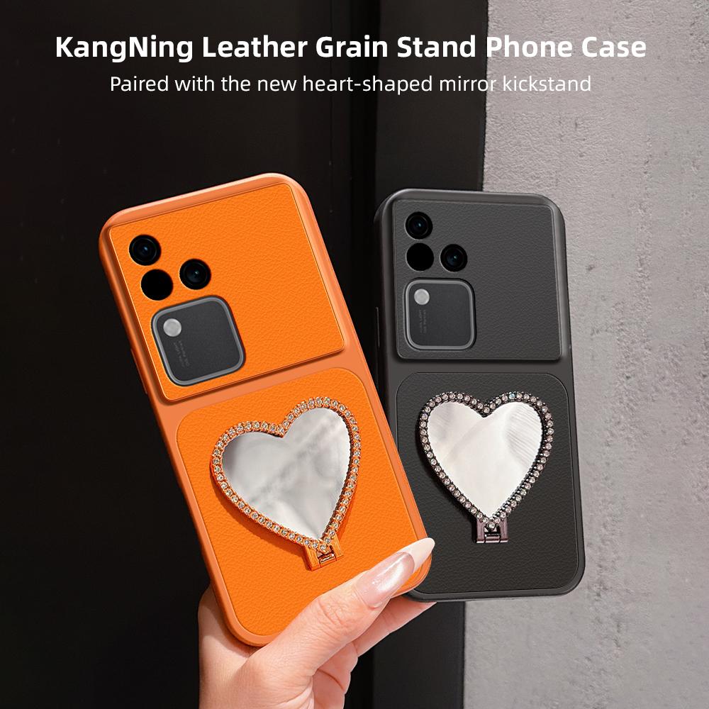 For vivo S18 Lambskin Series Skin Feel Shockproof Phone Case with Heart Mirror Holder(Orange)