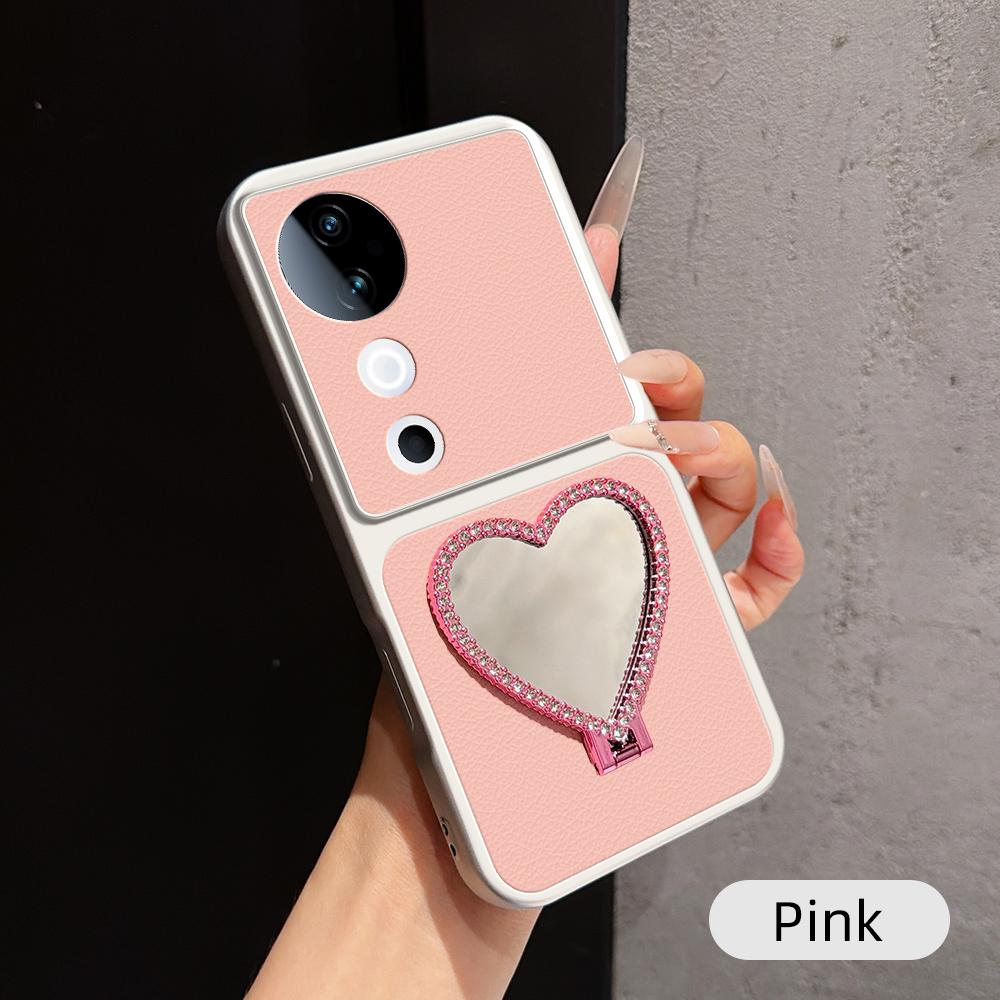For vivo S19 Lambskin Series Skin Feel Shockproof Phone Case with Heart Mirror Holder(Pink)
